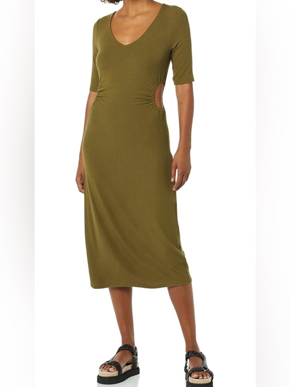 Amazon Essentials Women's Olive Fine Rib V Neck Side Cut-Out Midi Dress